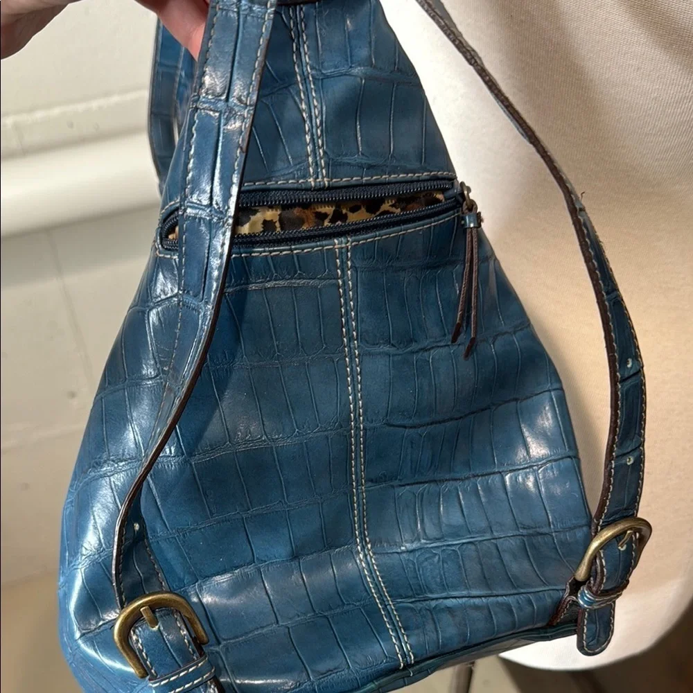 Nine West Blue Textured Women's Backpack blue alligator pattern w cheetah lining